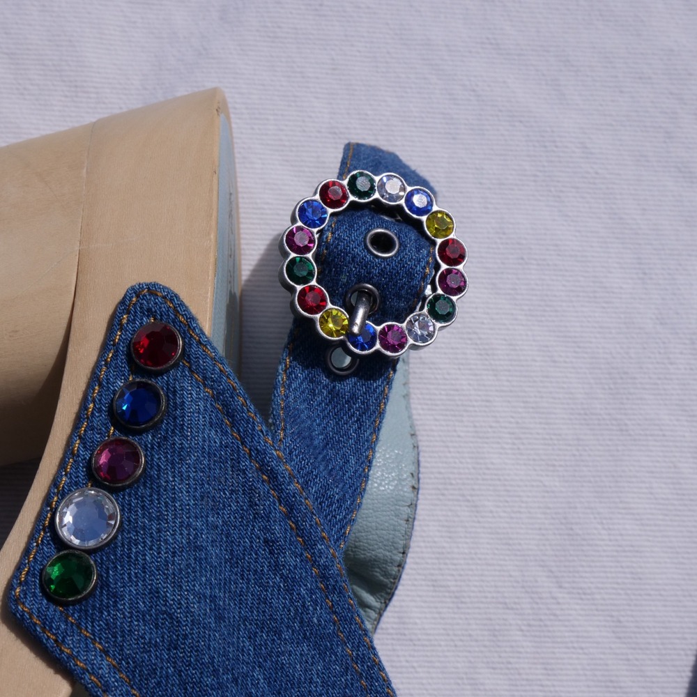 Modern does 70s Marc Jacobs Linda bejeweled criss cross denim platform clog - Picture 6 of 11